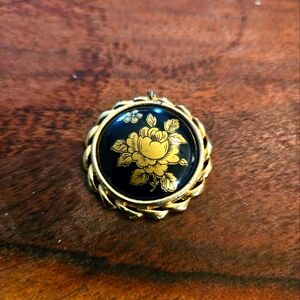 Vintage Limoges Castel France Goldtone Bezel Flower Brooch Signed